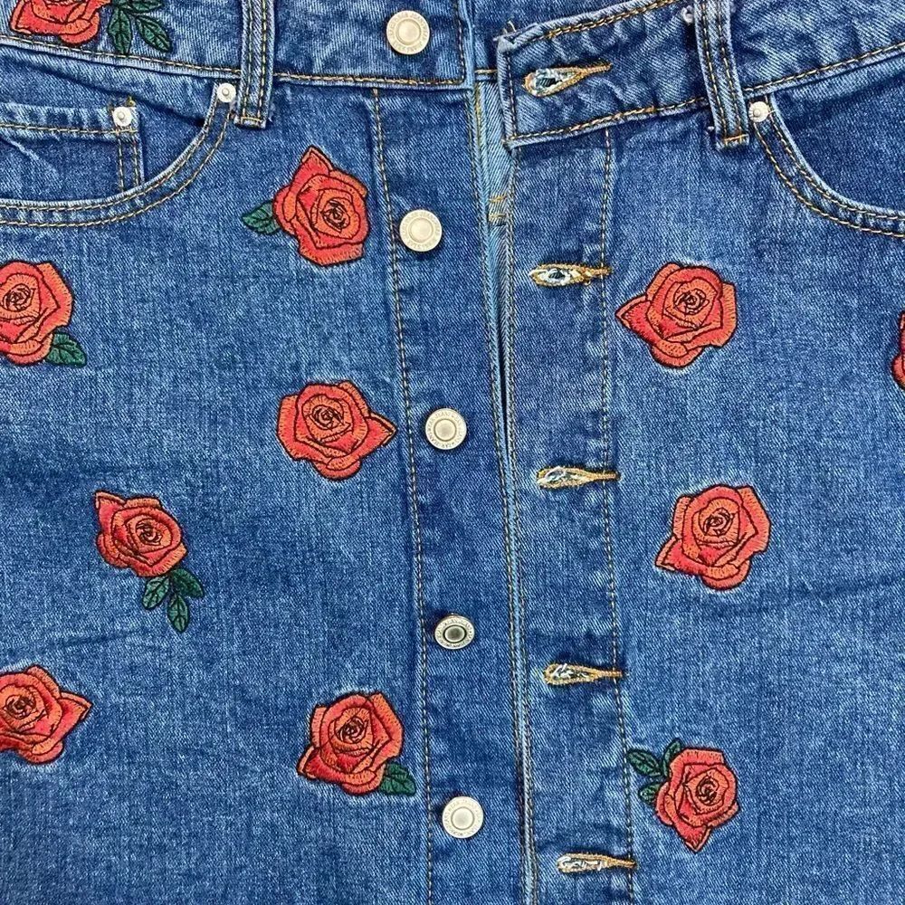 Denim Distressed Rose Embroidered Button Down Skirt - Picture 9 of 15